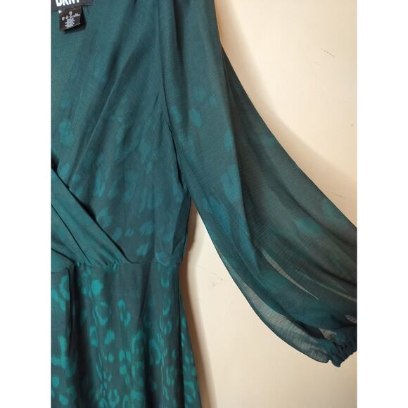 DKNY Faux Wrap Midi Dress Emerald Green Pattern Chiffon - Picture 7 of 10